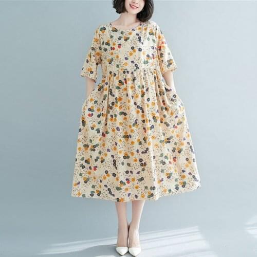 Women Cotton Linen Casual Dress New Arrival 2021 Summer Vintage Style Floral Print Ladies Elegant A-line Long Dresses S3786