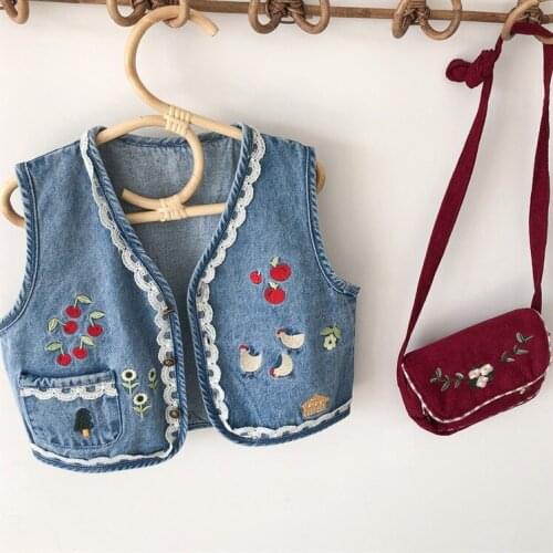 Girls Vest for Spring and Summer 2021 New Retro Cute Print Soft Cotton Children Fashion Denim Coat