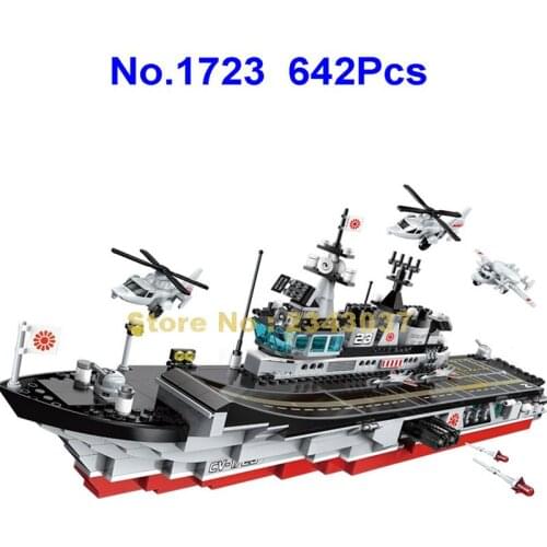 1723 642pcs Military Aircraft Carrier Helicopter Enlighten 3 Building Blocks Toy