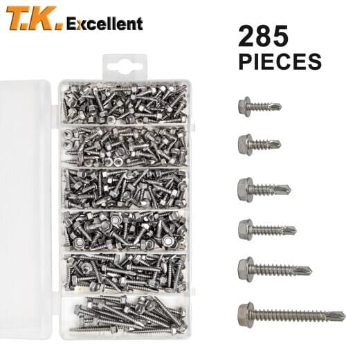 285Pieces Hex Washer Head Self Drilling Screws 410 Stainless Steel #6 #8 #10 Bolt Assortment Kit