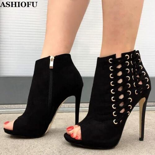 ASHIOFU Handmade Hot Sale Ladies High Heel Boots Cross-straps Peep-toe Party Autumn Ankle Boots Stiletto Evening Fashion Boots