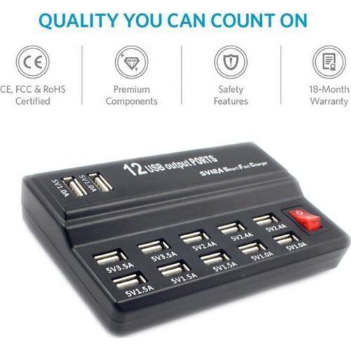 Fast 12 Port Multi USB Charging Station 12A Power Adapter with Safe Protection