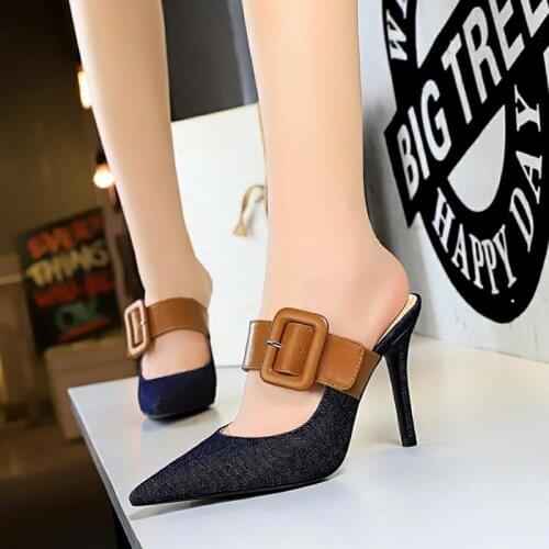 Euro-American Womens Shoe Bale Slippers With High Heel And Shallow Pointed Denim Matching Color Belt Buckle Slippers