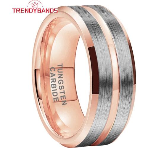 8MM Rose Gold Tungsten Carbide Rings For Men Women Wedding Band Grooved Brushed Finish Comfort Fit Fashion Jewelry