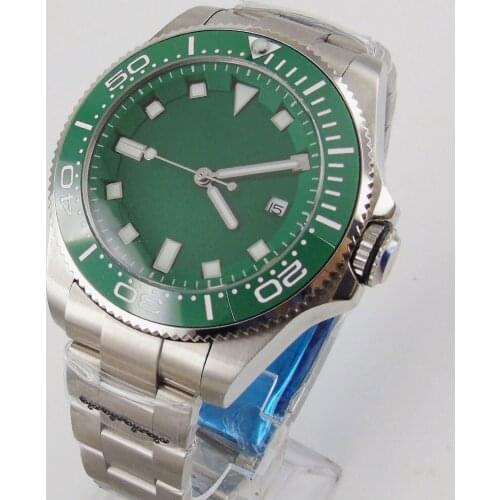 43mm Fashional Mechanical Watch Men Green Dial Date Indicator Steel Band MIYOTA Movement