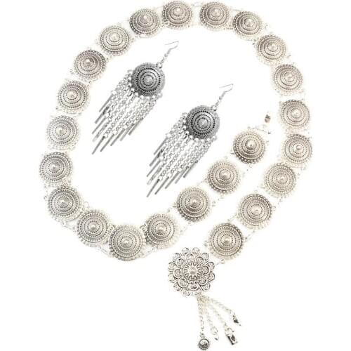 Boho Turkey Sexy Ladies Belly Waist Chain&earrings sets Tribal Gypsy Carved Flower Indian Gypsy Beach Dance Belt Body JewelrySet