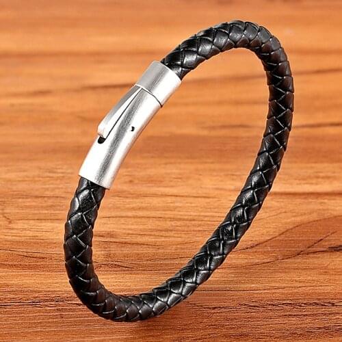 New Simple Classic Men Leather Bracelet Stainless Steel Button Braided Wrap Bangle Special Jewelry For Couple Valentines Day