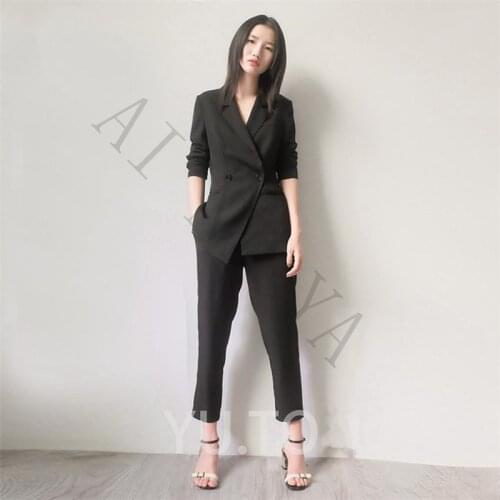 Jacket+Pants Womens Business Suits Black Female Office Uniform Formal Ladies Trouser Suit Double Breasted Prom Party 2 Piece
