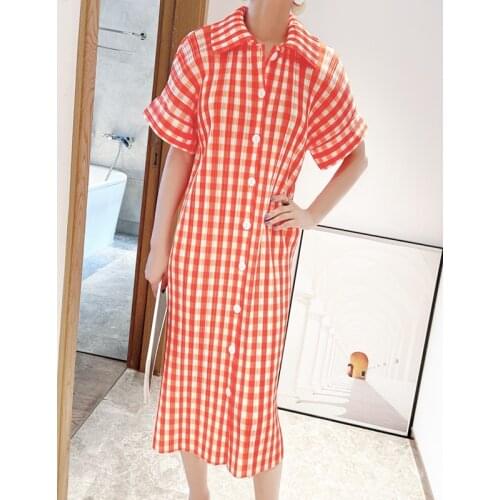2021 Summer Polo collar dress Miyake Pleated loose long button Flare sleeve dress female plaid plus size aesthetic clothes