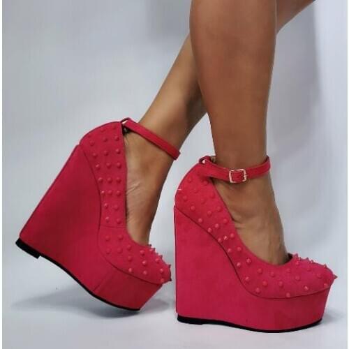 Drop Shipping Sweet Girls Hot Pink Platform Wedge Pumps Woman Shallow Buckle Strap Rivets Super Heels High Heel Shoes Lady