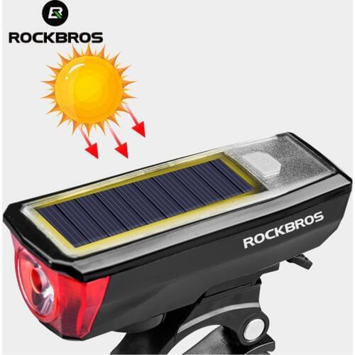 ROCKBROS USB Rechargeable Bike Light Headlight IPX4 Waterproof Solar Energy Bicycle Front Light with Bicycle Bell 120 dB