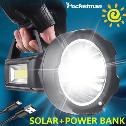 Solar Powered Handheld LED Flashlight Portable Work Light USB Rechargeable Searchlight Spotlight Waterproof Torch Camping Light