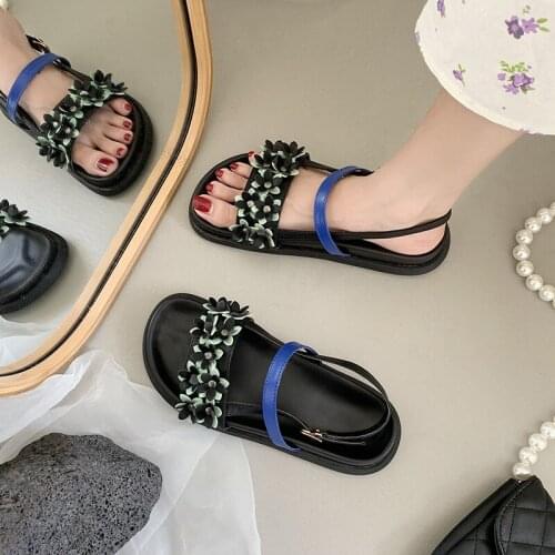 Summer Women Beach Sandals Woman Flower Flats Ladies Pu Leather Gladiator Sandals Female Black Brand Sandals Zapatos De Mujer