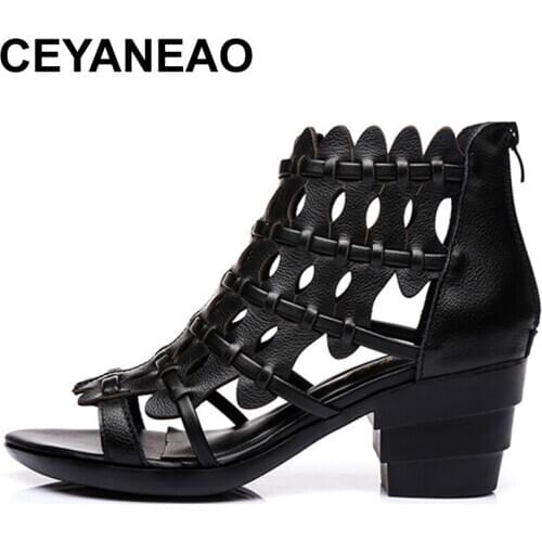 CEYANEAO European and American Style Retro Genuine Leather Thick Heel Women Sandals Soft Gladiator Sandals Ladies Summer Shoes