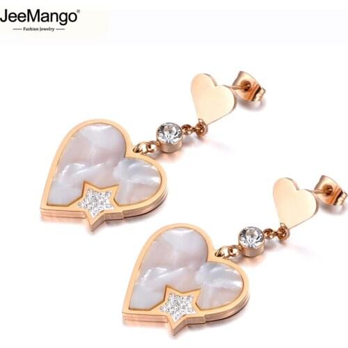 JeeMango Titanium Stainless Steel Love Heart Dangle Earrings For Women Girl Fashion CZ Crystal Shell Star Party Earrings JE19182