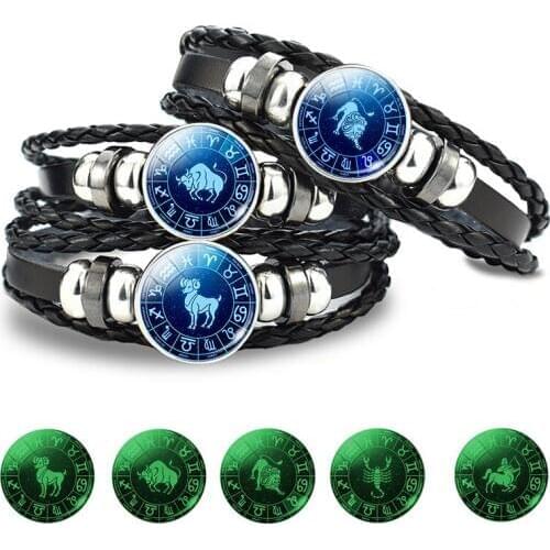 12 Constellation Zodiac Luminous Bracelet Men Leather Bracelet Charm Bracelets for Men Boys Women Girl Jewelry Accessories Gifts