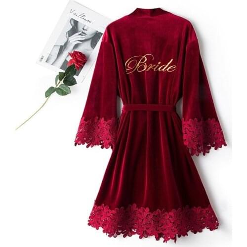 Embroidery Velour Lace Kimono Bathrobe Gown Letter Bride Bridesmaid Wedding Robe Sexy Sleepwear Intimate Lingerie Nightwear