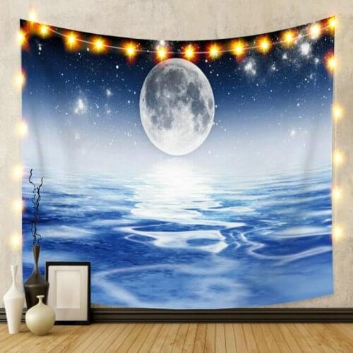 Blue Sea and Moom Tapestry Vintage Exotic Summer Plant Nature Frame for Bedroom Photography Wall Decor