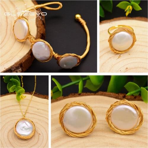 XlentAg Original Handmade Natural Fresh Water Baroque Pearl Ring Necklace Earrings Bangle Set For Women Fine Jewelry Sets GS0004