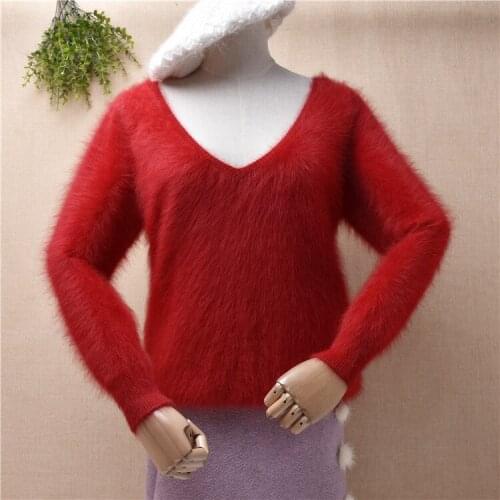 Ladies women fashion hairy fuzzy mink cashmere knitted long sleeves deep v-neck slim blouses pullover angora fur jumper sweater