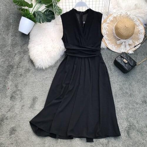 Sexy Elegant Dress Women Summer 2020 New Arrival V-Neck Sleeveless Dresses French Chic Cross Drawstring Slim Waist Vestidos 1195