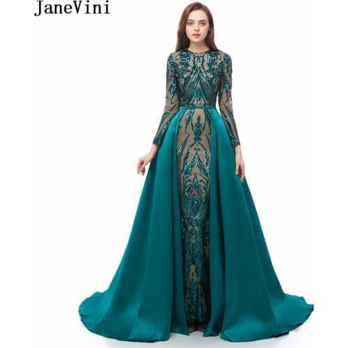 JaneVini Glitter Sequined Mermaid Arabic Long Sleeves Evening Dress with Detachable Train Luxury Green Dinner Dresses for Women