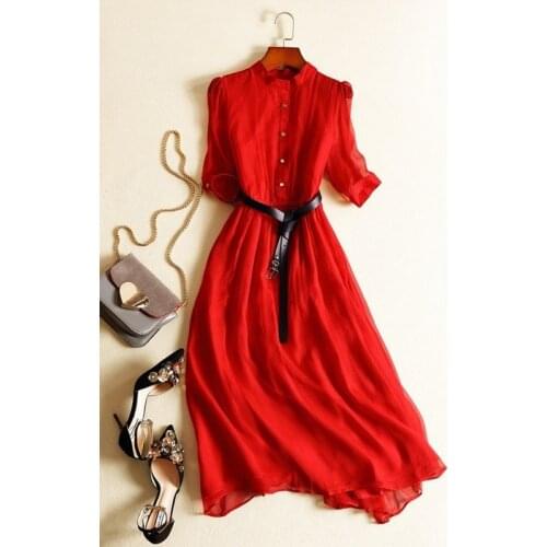 100% Silk Summer Dress 2021 Elegant Long Dresses for Women Casual Korean Fashion Red Dress Female Vestido De Mujer Pph4707