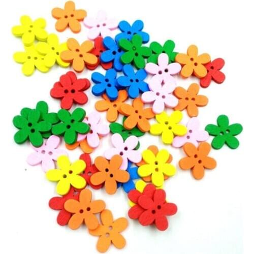 100pcs Multicolor Cute Flower Wood Buttons Sewing Scrapbooking Craft Garment Clothes DIY Supply Flower 2 Holes 14 x 15 mm