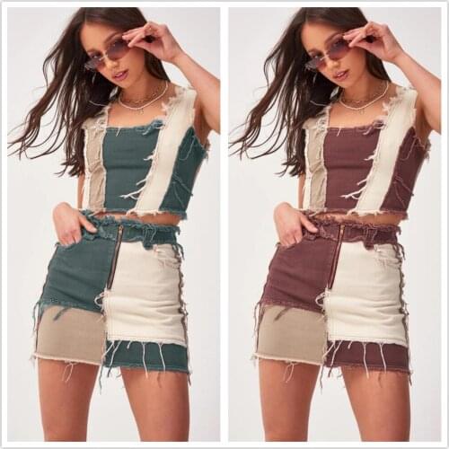 2021 Summer New Color contrast Denim Short Skirt For Women Fashion Sexy Jeans Mini Skirt XS-2XL Global Drop Shipping