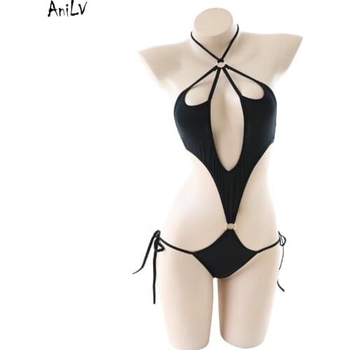 AniLV Women Beach Black Halter Backless Bodysuit Swimsuit Uniform Costume Sexy Girl Swimwear Pool Party Cosplay