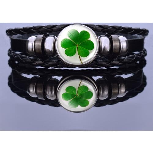 Black Leather Bracelet Clover Keychain Four Leaf Clover Glass Cabochon Bangles Lucky Jewelry Handmade Braided Bracelet