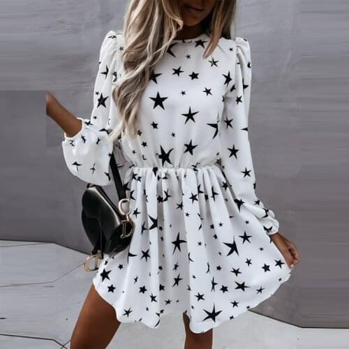 Elegant Long Sleeve Fashion A-Line Dress Autumn Star Print O Neck Lady Party Dress Spring Women Casual Elastic Waist Mini Dress