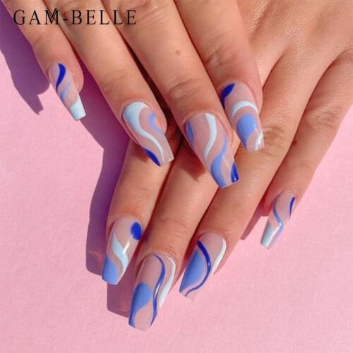 GAM-BELLE Simple Blue Wave Detachable Fake Nails French Full Cover Artificial False Nails Extension Tips DIY Manicure Tool