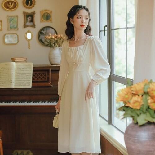 New Franse Long Sleeve Solid Color Lace Dress Vintage Chiffon Elegante Partij Chic Gentle Dress Elegant Maxi Dresses for Women