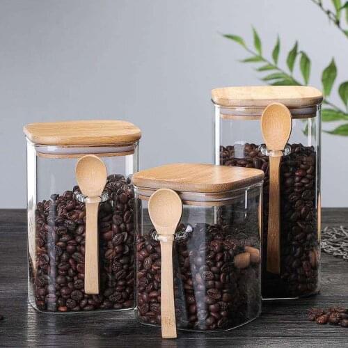Square glass sealed cans, household tea cans, cooking bottles with wooden spoons, kitchen food storage jars glass bottle