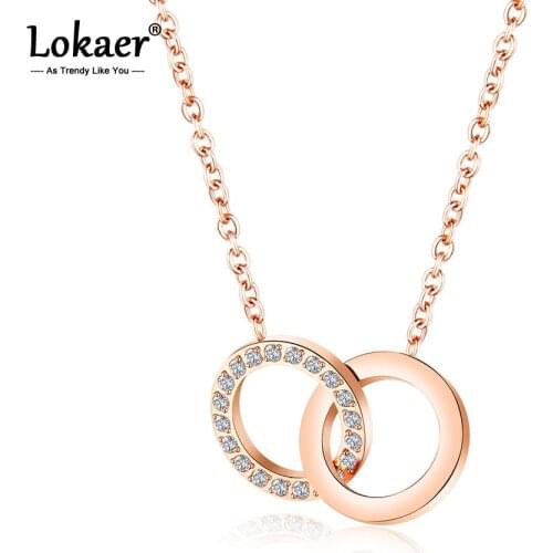 Lokaer Trendy Double Circle CZ Crystal Female Pendant Necklaces Stainless Steel Chain Link Choker Necklace For Girls N17078