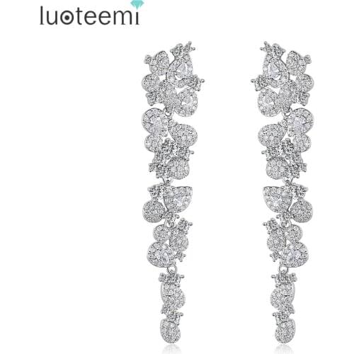 LOUTEEMI New Fashion Lady Long Pendant Earrings Flower Pure White Cubic Zircons Jewelry Wedding Engagament Earrings