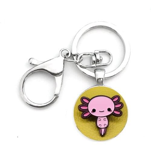 FIMAODZ Cute Axolotl Keychain Cartoon Art Picture Glass Dome Lobster Clasp Key Chain for Friends Gift Car Bag Animal Key Ring