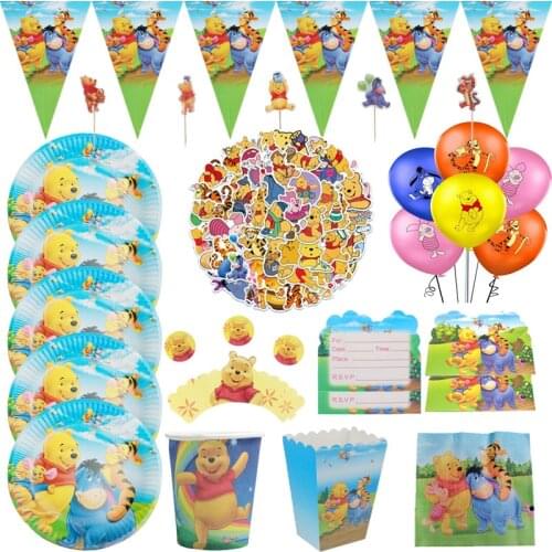 Cartoon Winnie the Pooh Theme Disposable Tablewares Paper Cup Plate Hat Balloon Birthday Party Decorations Baby Shower Supplies