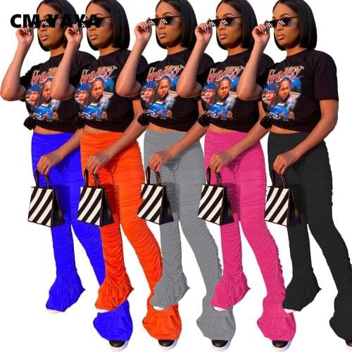CM.YAYA Autumn Solid Streetwear Stacked Women Flare Pants High Waist Ruffles Bell-bottoms Ruched Trouser Draped Jogger Sweatpant
