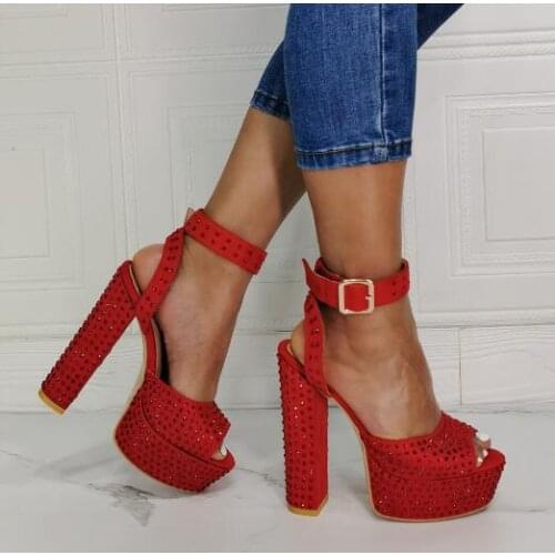 Summer Woman Red Chunky Heels Bling Bling Diamond Crystal Sandals Female Big Size Peep Toe Platform Drill Wedding Shoes Lady