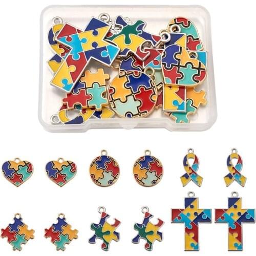 Pandahall 12pcs/box Alloy Enamel Pendants Charms Mixed Shapes with Puzzle for Jewelry Making DIY Bracelet Necklace Finding