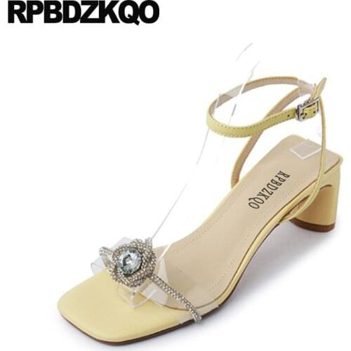 Ankle Strap Sandals Shoes Elegant Transparent Luxury Chunky Women High Heels Pumps Yellow Clear Rhinestone Pvc Jewel Bride Bling