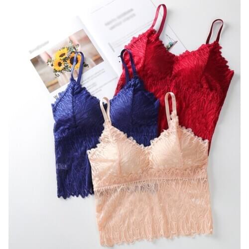 Sexy Lace Women Bralette Wire Free Lingerie Underwear Sheer Beauty Back Padded Bottom Long Camisole