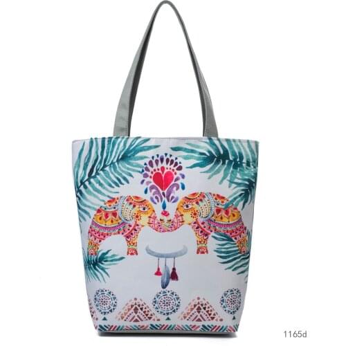 Bright Colors Pattern Shoulder Bag Elephant Plant Print Handbag Eco Reusable Shopping Bag Portable Tote Eco Friendly Storage Bag