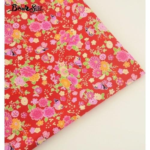 Booksew 100% Cotton Poplin Fabric Flower And Bird Designs Soft Quilting Red Cloth Fat Quarter For Dress Wedding Clothing Crafts