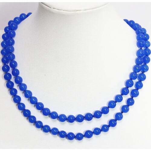 Unique blue stone semi-precious chalcedony jades long chain necklace 8,10,12mm round beads high grade jewelry 36inch B1485