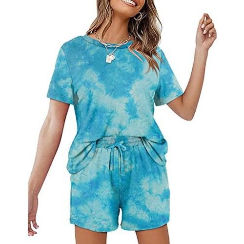 2pcs Women New Short Sleeve Elastic Waist O Neck Drawstring T-shirt Shorts Set Two Piece Outfit for Lounge Beach Streetwear Set