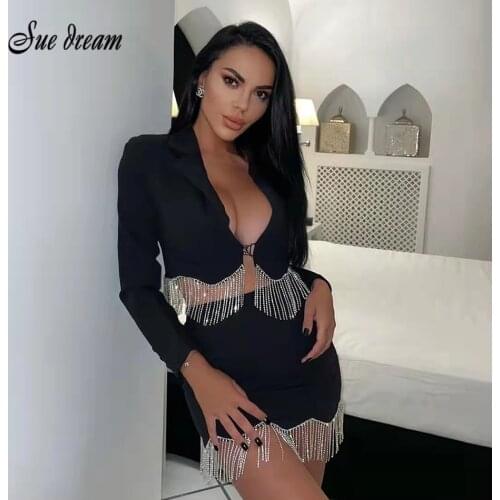 2021 New Sexy Patchwork Tassel Set for Women Fashion V-neck Long-sleeved Short Top A-line Skirt Black Party Two-piece set Female