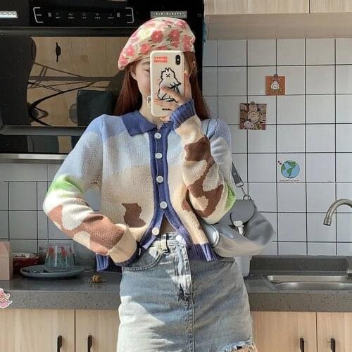 Fashion Women Winter Knitted Cardigans With Lapel Sunset Scenery Print Long Sleeve Knitted Outerwear Blue Yellow Sweater Coat